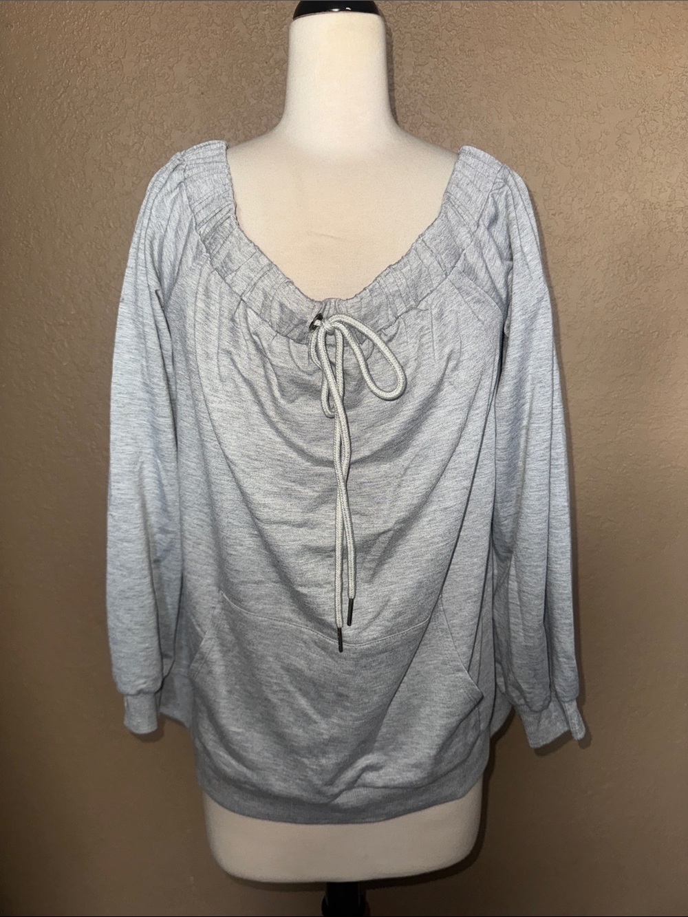Lumiere Light Gray Scoop Neck Drawstring Sweatshirt